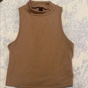 SHEIN Brown Sleeveless Mock Neck Ribbed Tank
